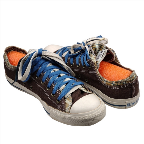 Converse All Star Brown Blue Plaid Round Toe Double Lace Up Low Top Sneaker - Picture 1 of 16